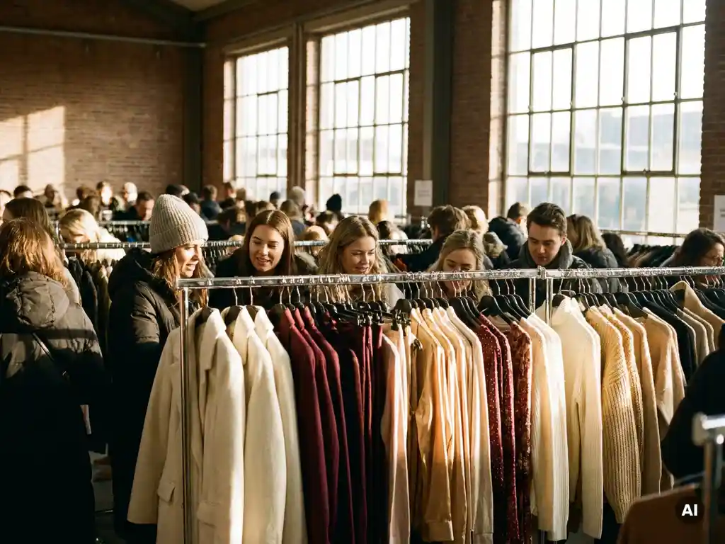 Drukke sample sale in Amsterdams pakhuis met kleurrijke kledingrekken en winkelende bezoekers in warm gouden licht.