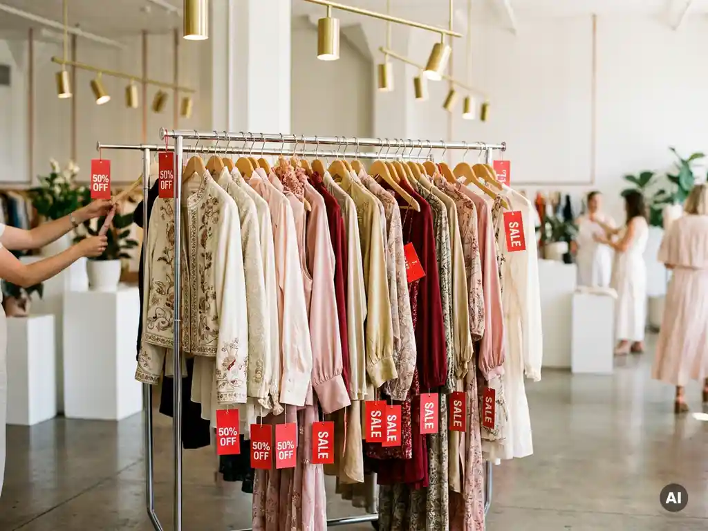 Overvolle kledingrek met designerstukken en rode kortingslabels in een lichte eventruimte met betonnen vloer, shoppers op de achtergrond.
