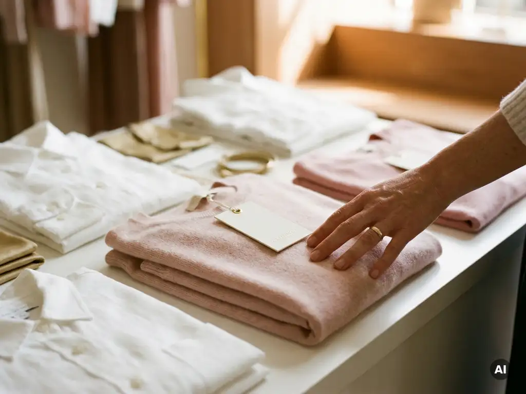 Vrouwenhand die het hanglabel van een gevouwen designerkledingstuk inspecteert op een witte displaytafel in een elegante boetiek.