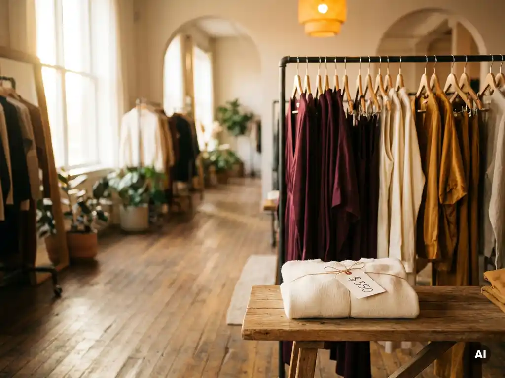Opgevouwen designerstuk met handgeschreven prijskaartje naast een kledingrek in een pop-up winkelruimte met warme houten vloer.