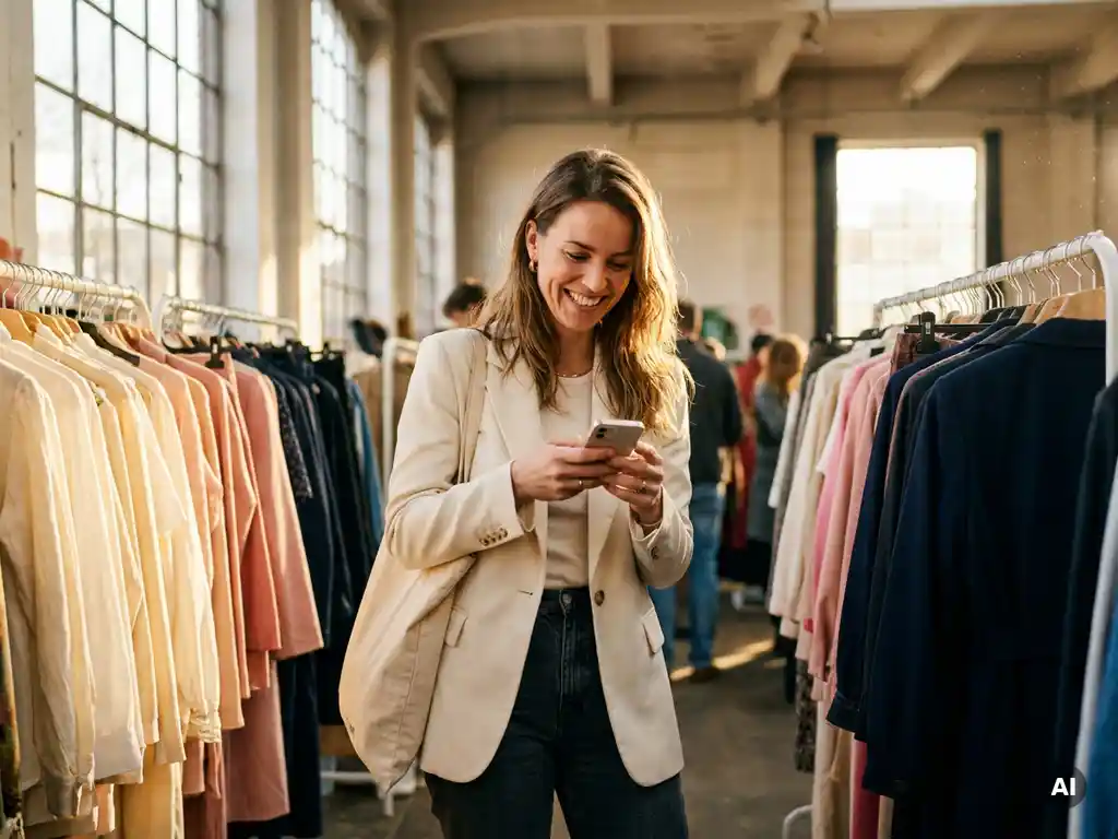 Stijlvolle Nederlandse vrouw met smartphone en tote bag bij een modeverkoopevenement met kleurrijke kledingrekken op de achtergrond.