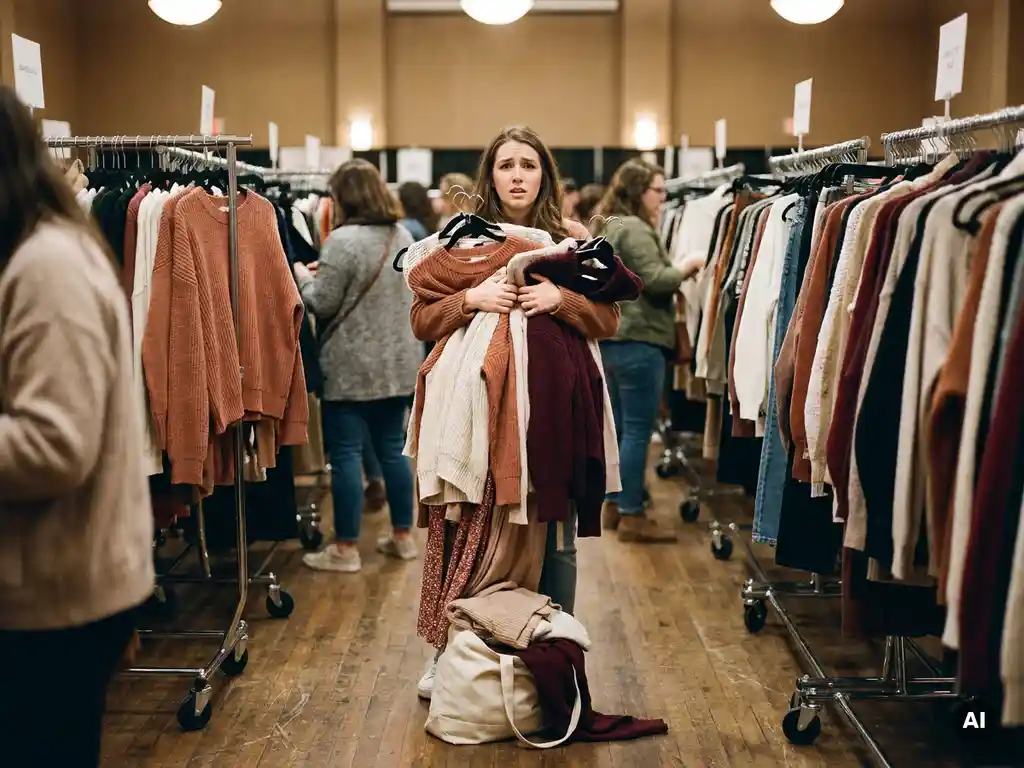 Overweldigde vrouw met armen vol kleding bij overvolle kledingrekken tijdens een drukke sample sale.