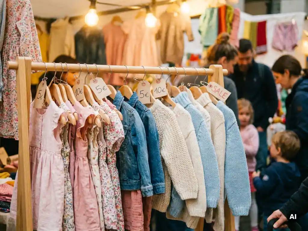Kleurrijk rek met kleine kinderkleding, waaronder jurkjes, spijkerjasjes en pastelkleurige gebreide stukken, met prijskaartjes in een drukke uitverkoopomgeving.