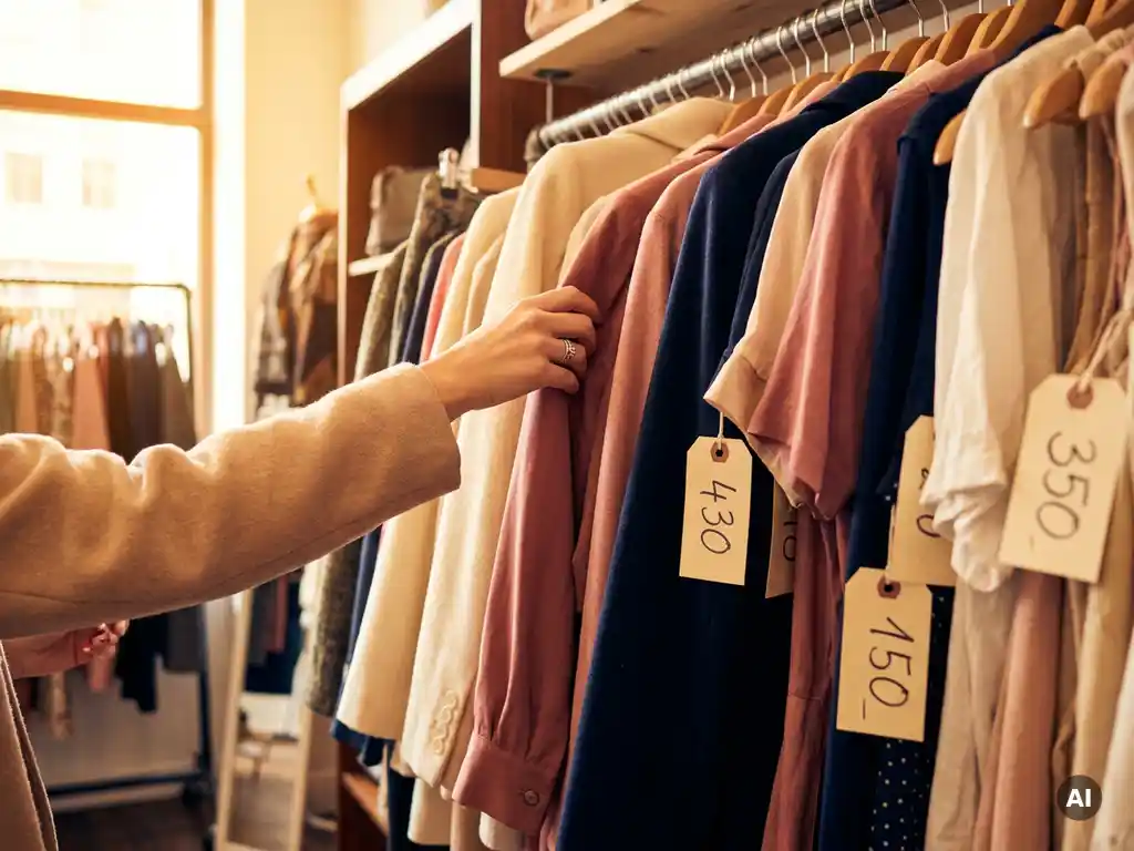 Shopper bladert door een volle kledingrek met kleurrijke premium mode in crème, roze en marineblauw, verlicht door warm boetiekl licht.