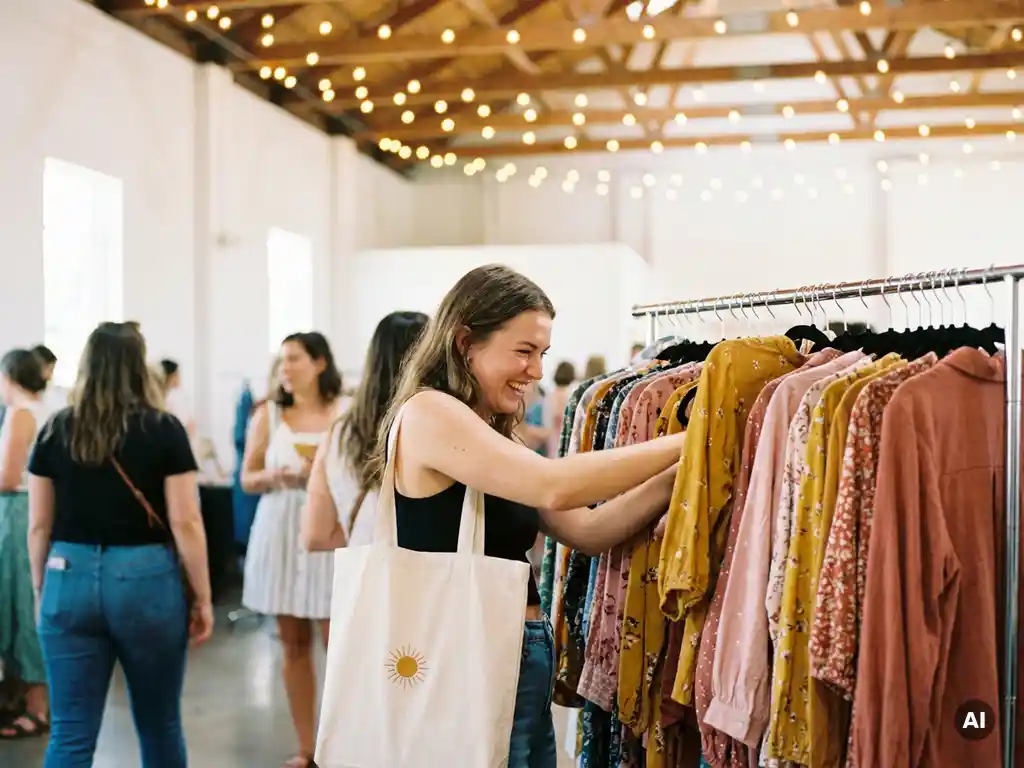 Jonge vrouw die enthousiast door een vol kledingrek bladert tijdens een modemarkt, met canvas tas aan haar arm.