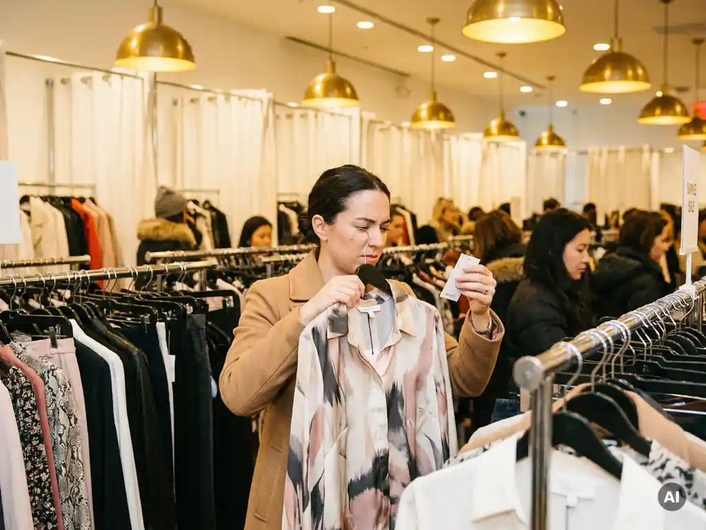 Shopper bekijkt prijskaartje van een designer blouse bij een drukke sample sale, omgeven door dichtgepakte kledingrekken.