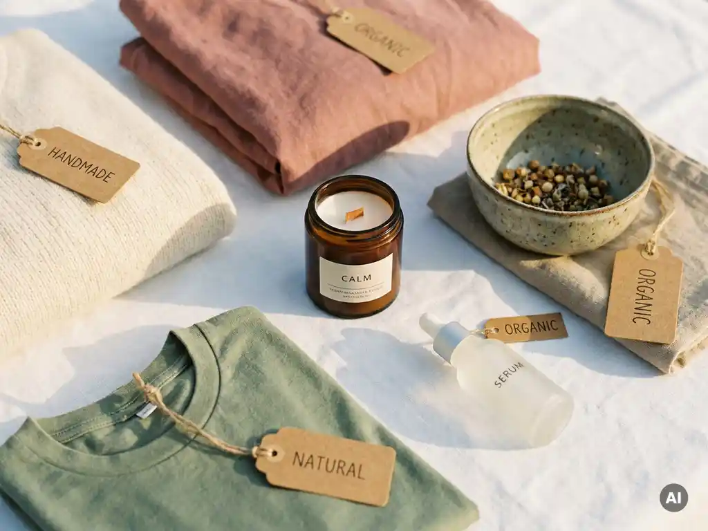 Flatlay van mode, huidverzorging, kaars en keramische kom met labels op wit oppervlak in warme crème- en rozetinten.