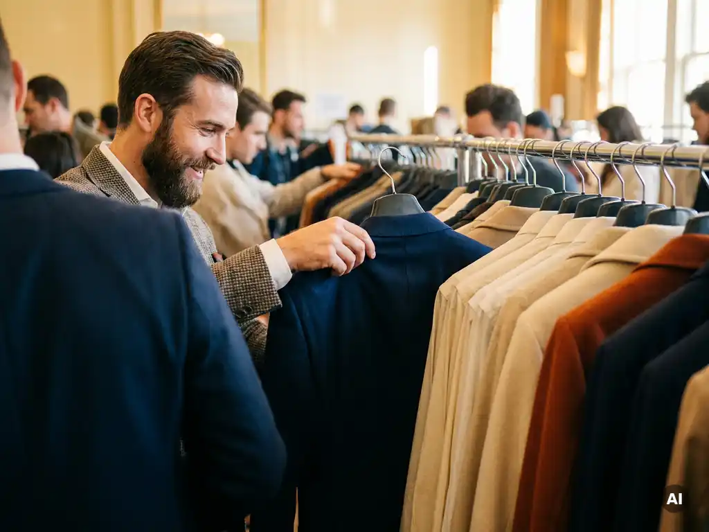 Man bekijkt premium overhemden en jasjes op een moderne sample sale met warme crème- en marineblauw tinten.