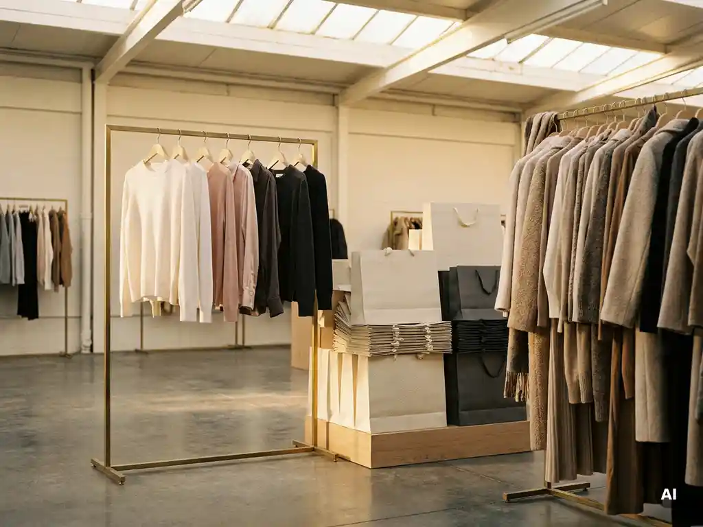 Designerkleding op een boetiekrek naast gevouwen merkshoppers op betonnen vloer in luchtige warehouse met warme witte en blush tinten.