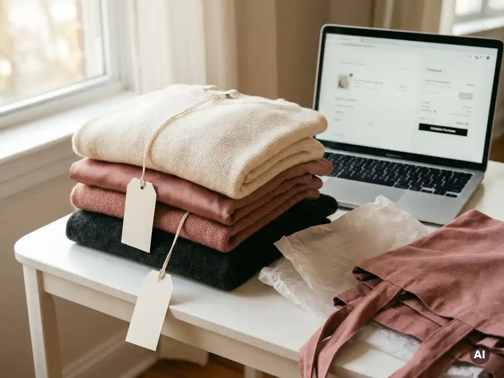 Gevouwen stapel premium kleding met prijskaartjes naast laptop met afrekenvenster, tissuepaier en branded shopper in warme ivoor- en rozetinten.