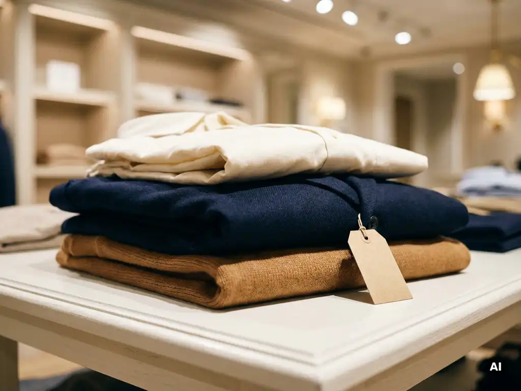 Gevouwen stapel premium kleding met katoenen overhemden, blazer en knitwear in ivoor, marineblauw en caramel tinten op wit oppervlak.
