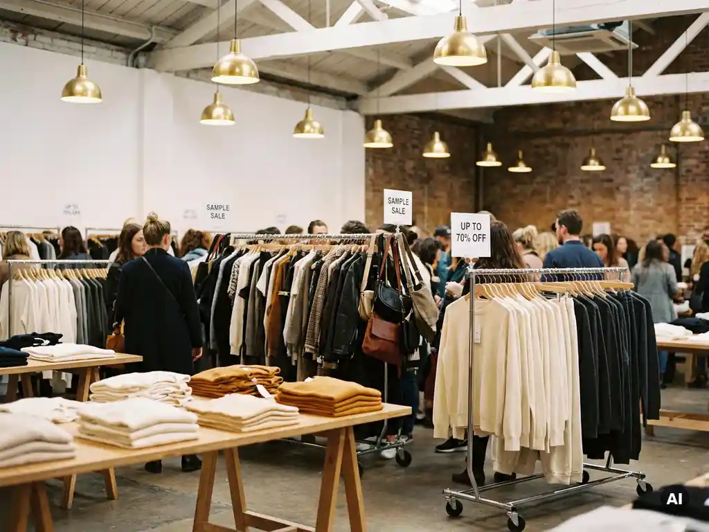 Interieur van een fashion pop-up store met kledingrekken, gevouwen kleding op tafels en een overvolle sample sale rek in een verlichte warehouse ruimte.