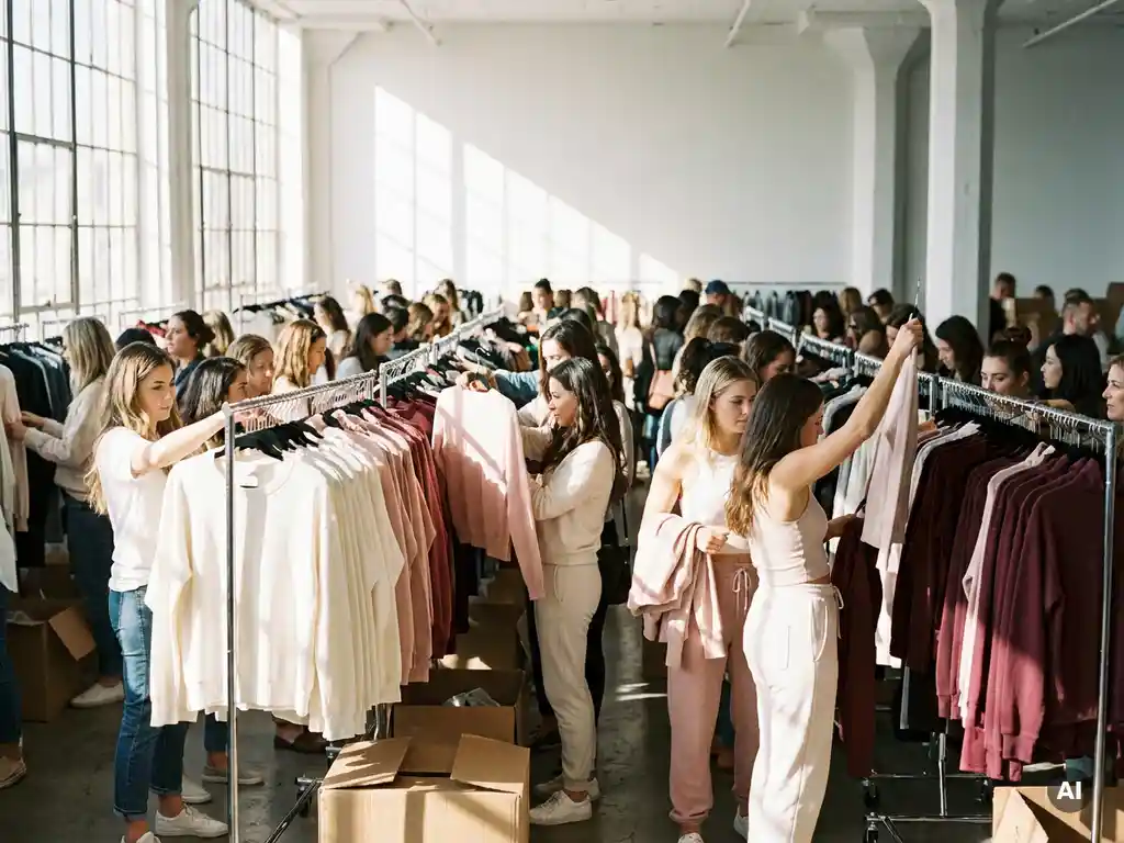 Drukke fashion sample sale met shoppers die kleurrijke kledingstukken doorbladeren op dichtgepakte rekken in een lichte, hoge ruimte.