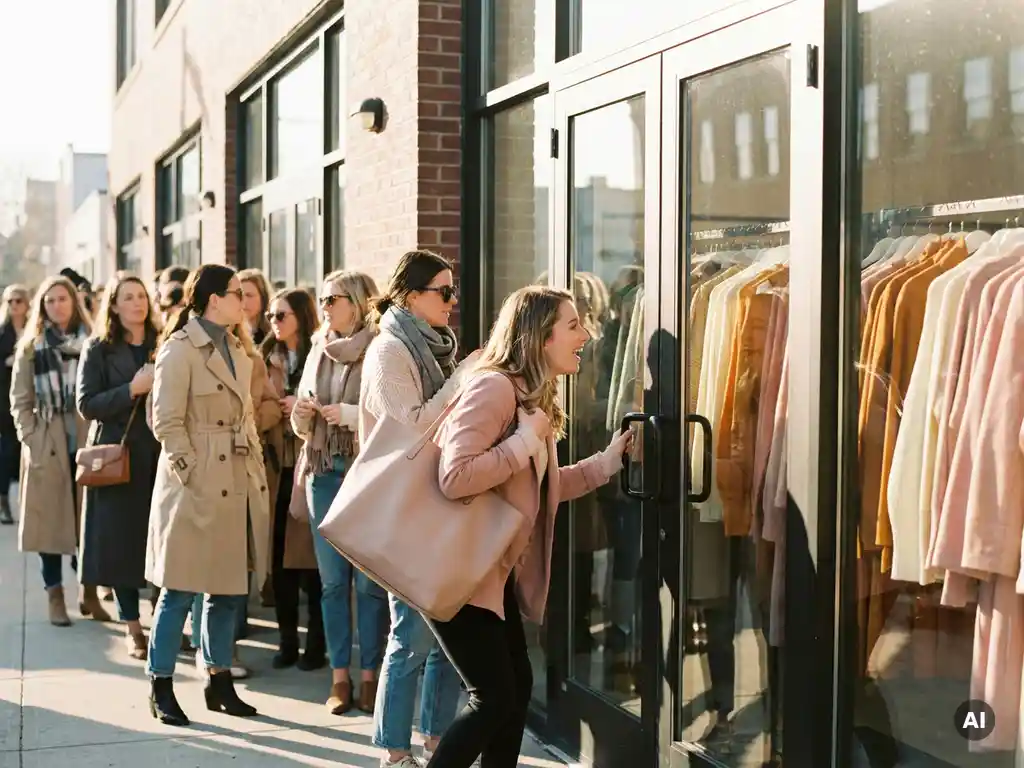 Rij stijlvolle vrouwen voor glazen deuren van een fashion sample sale bij warm ochtendlicht, kledingrekken zichtbaar door het raam.