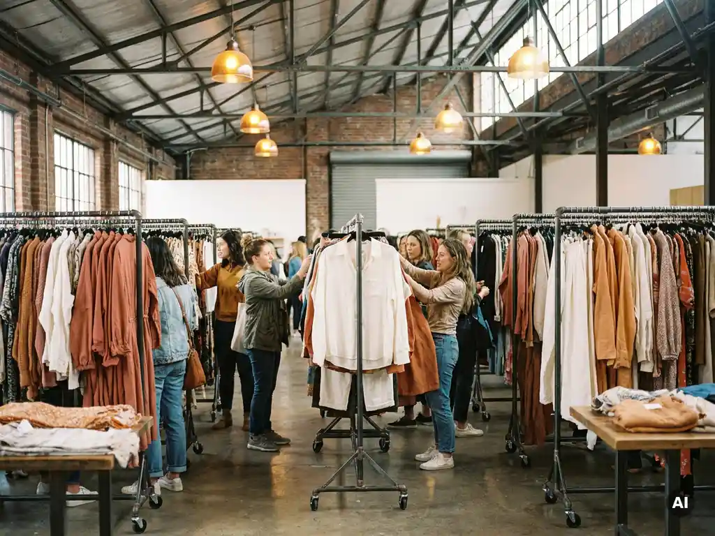 Shoppers bladeren door dicht gevulde kledingrekken op een modische sample sale in een industrieel magazijn met warme hanglampen.