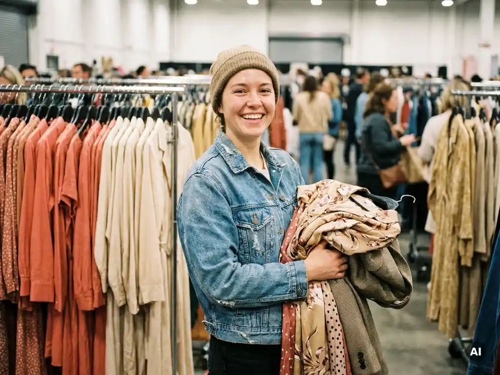 Jonge vrouw houdt stapel designerkleding vast bij drukke modeverkoopevenement, omringd door kleurrijke kledingrekken.