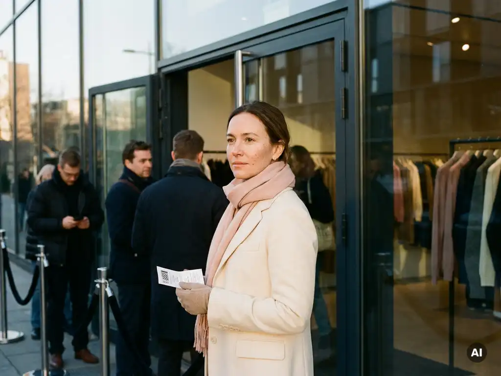 Stijlvol geklede vrouw met printed ticket voor een chique modebeurs, winkelende bezoekers en kledingrekken zichtbaar op de achtergrond.