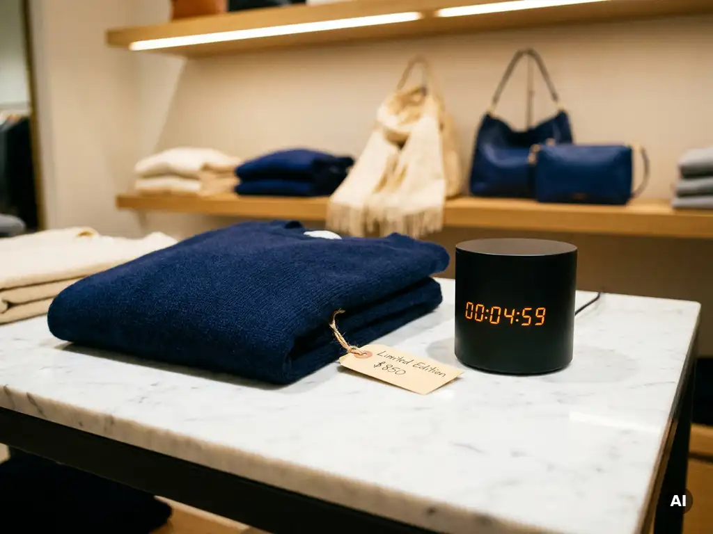 Gevouwen designerkledingstuk met handgeschreven prijskaartje en afteltimer op witte retailtafel, omgeven door crème en marineblauw fashion items.