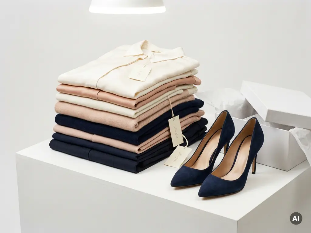 Keurig gevouwen designerkleding met labels op witte tafel, naast ongedragen hakken en zijdepapier in ivoor- en blauwetinten.