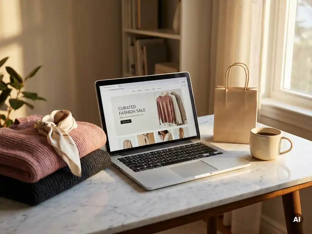 Laptop op marmeren bureau met online modeverkoopsite, omringd door gevouwen designerkleding, een shoptas en koffiekopje in warm middaglicht.