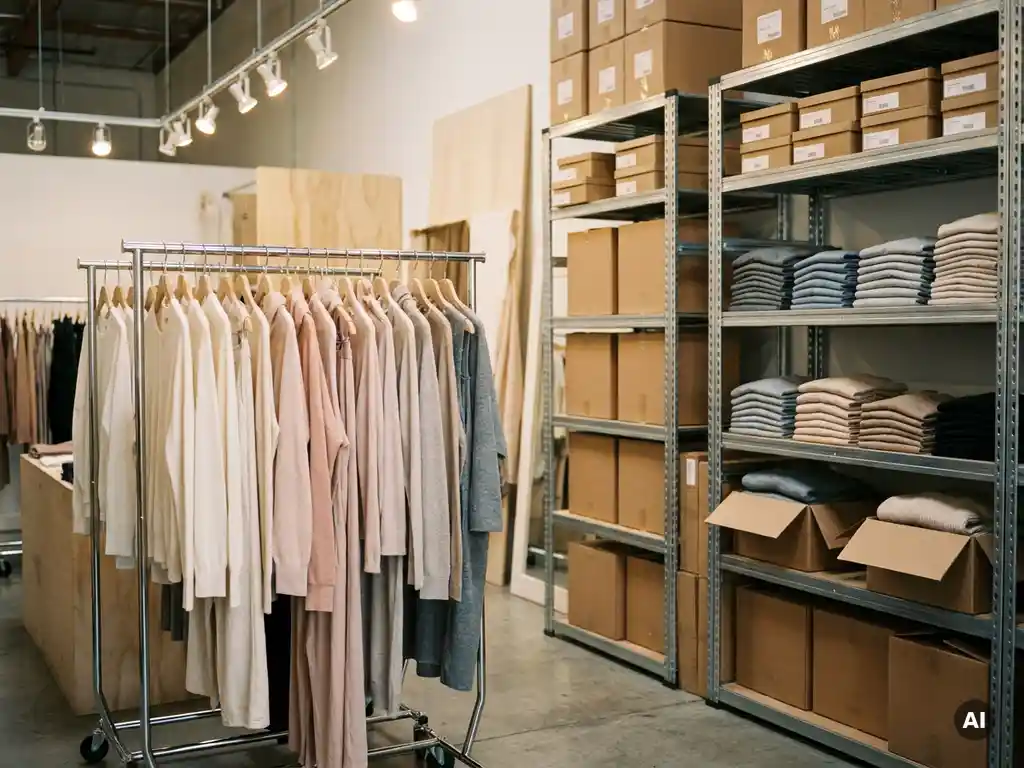 Rek met designerkleding in een pop-up boetiek naast gestapelde dozen en voorraad op industriële magazijnrekken.