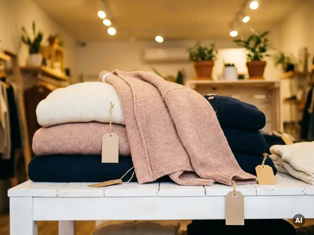 Gevouwen stapel premium modeartikelen in crème en zacht roze tinten op een witte retailtafel, verlicht door warme boutieklamp.