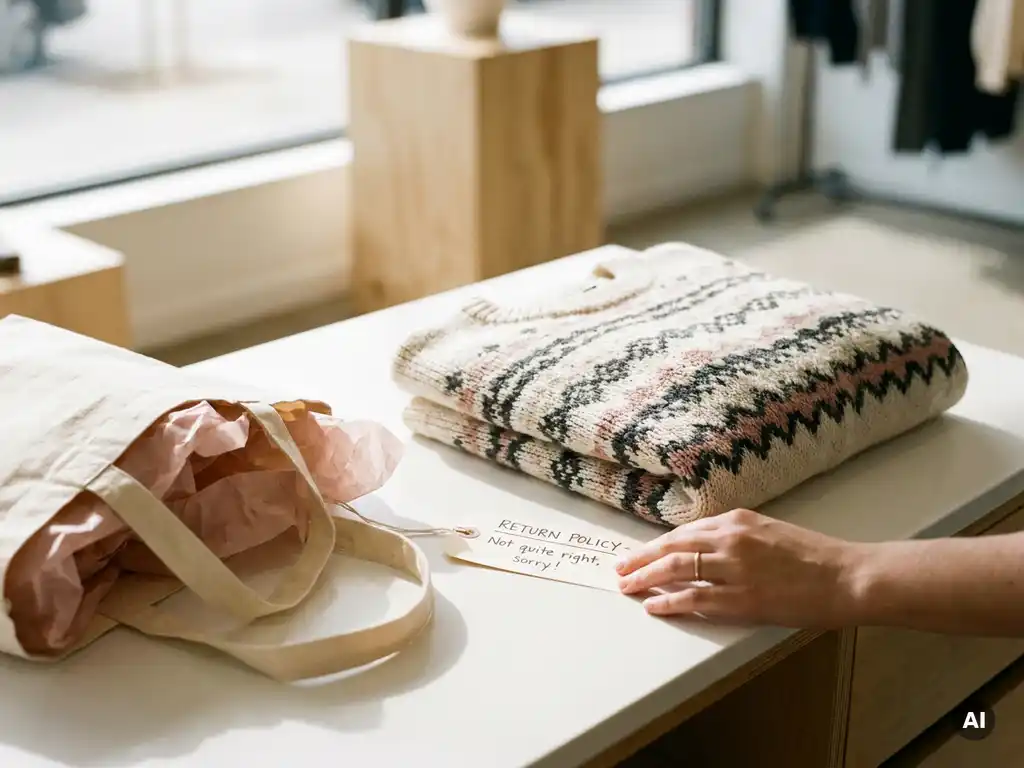 Gevouwen designerkledingstuk op wit retailtoonbank naast handgeschreven retourbeleid en herbruikbare tas met tissuepapier, zachte natuurlijke belichting.