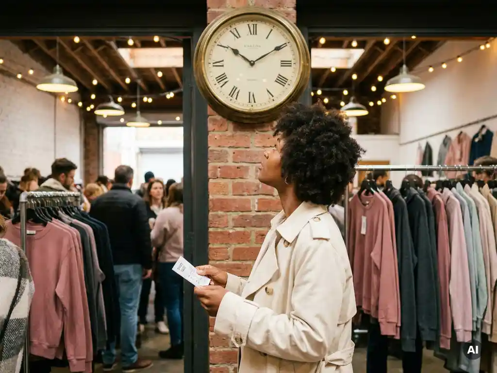 Modeshopster met entreeticket kijkt naar grote vintage wandklok bij ingang van drukke sample sale, kledingrekken op de achtergrond.