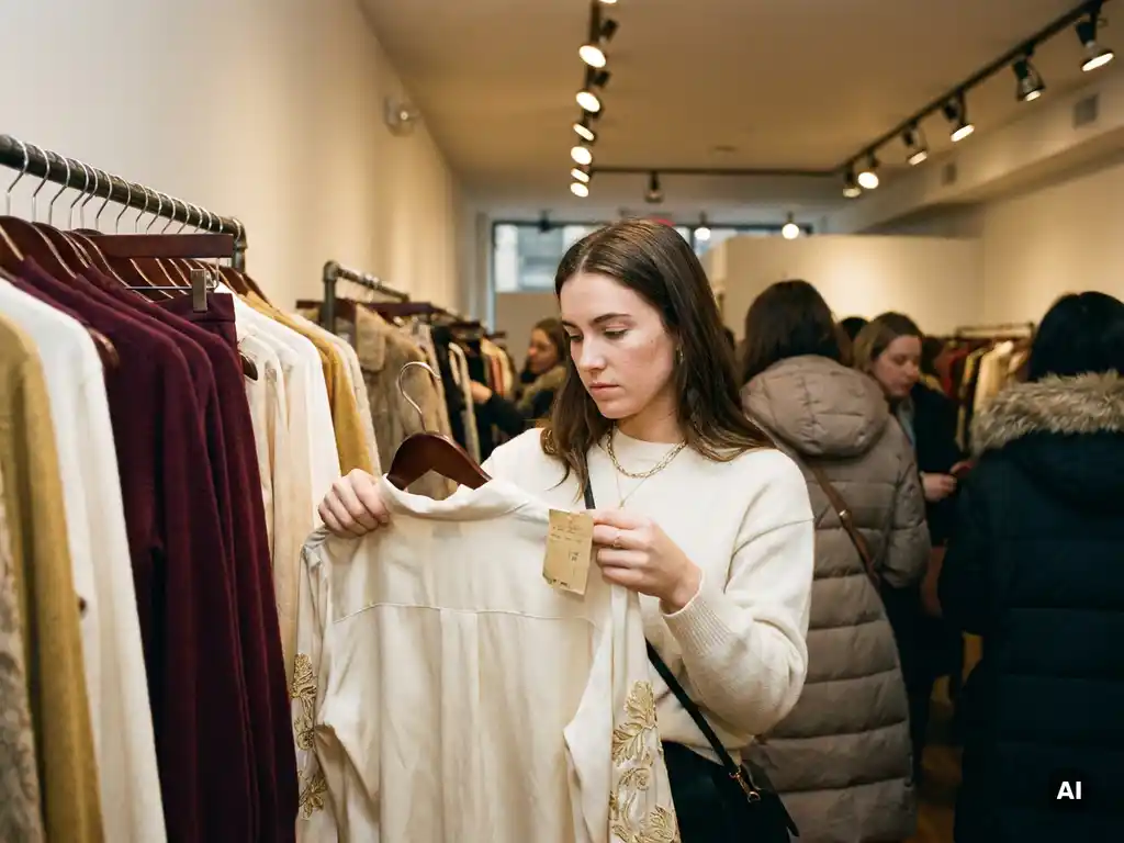 Jonge vrouw bekijkt label op bordeauxrode designerblouse bij drukke sample sale, omringd door kleurrijke kledingrekken en winkelende bezoekers.