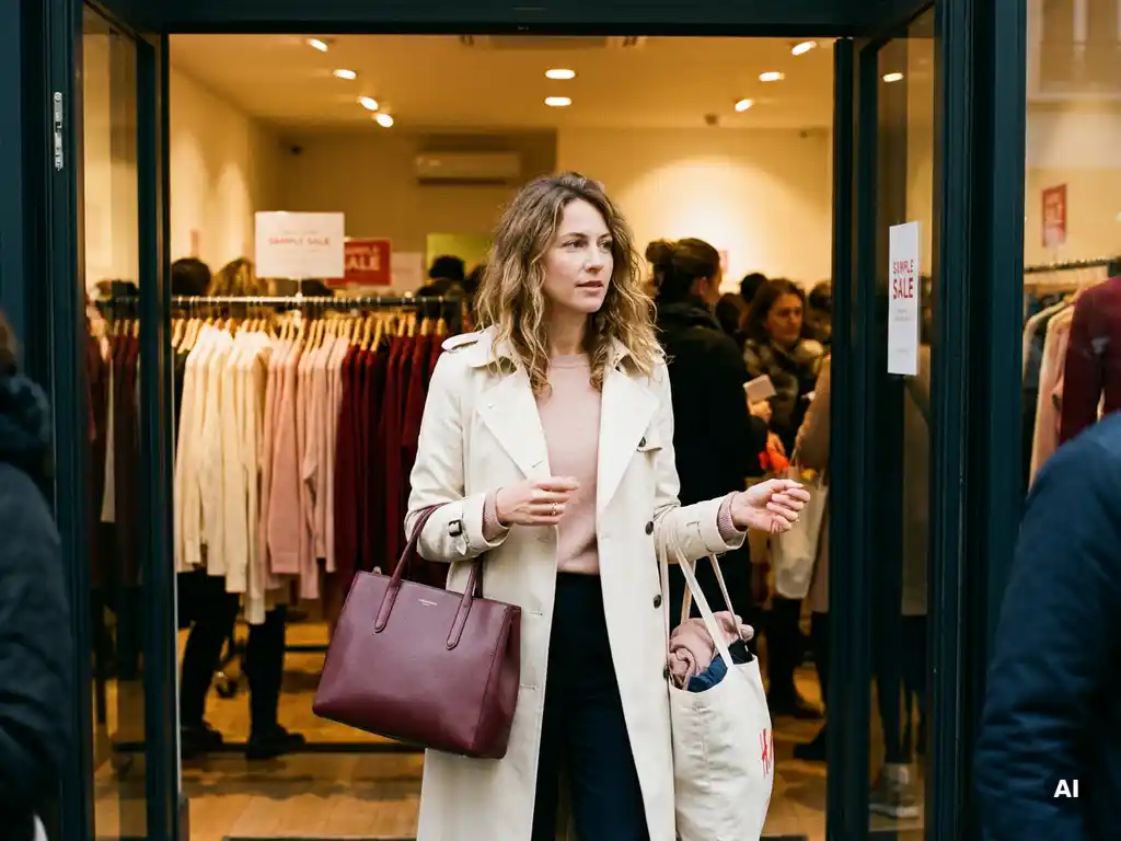 Stijlvolle vrouw met gestructureerde tote bag bij ingang van drukke sample sale met kledingrekken op de achtergrond.