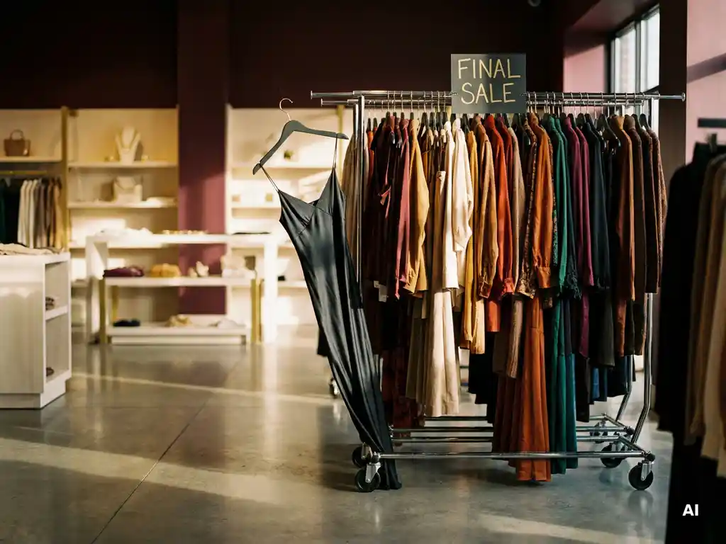 Elegante jurk half uit een vol uitverkooprack getrokken in een boetiek met betonnen vloer en gouden accenten.