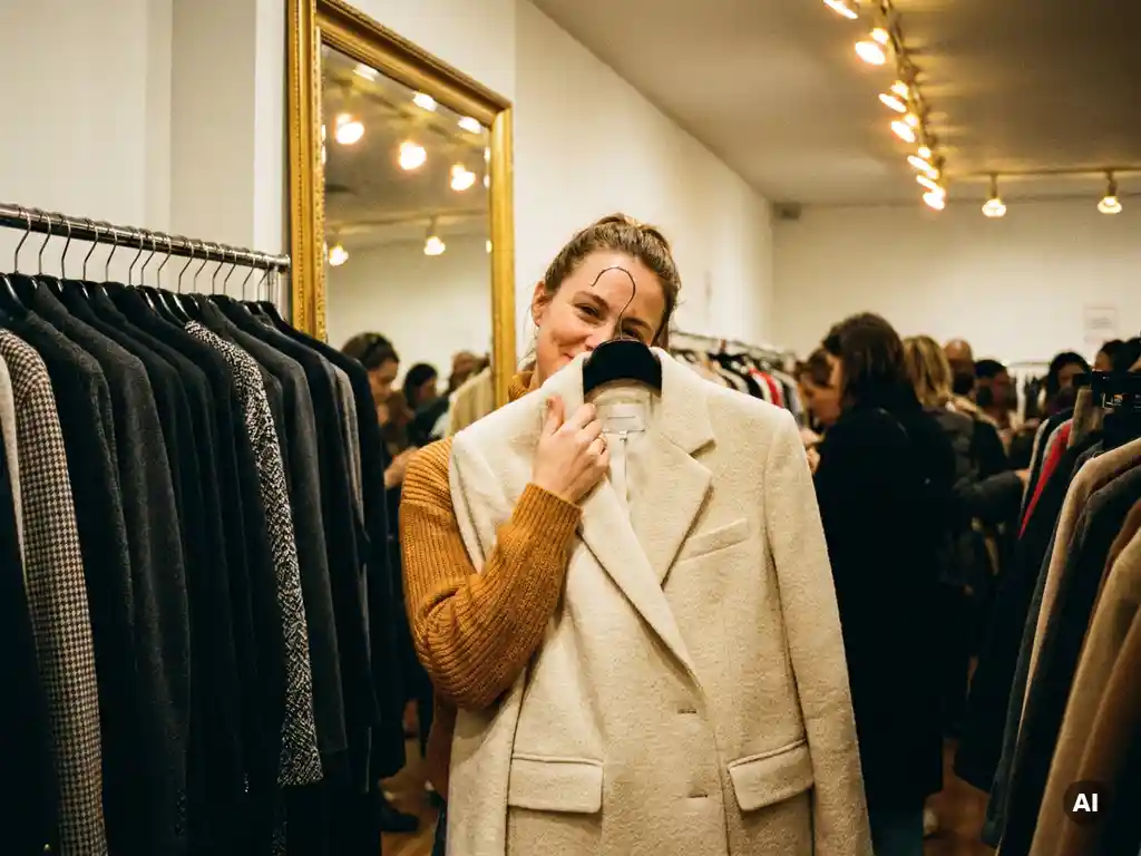 Vrouw houdt crème blazer tegen zich aan bij een drukke kledingrek tijdens een sample sale, warme spotlights accentueren de stofdetails.