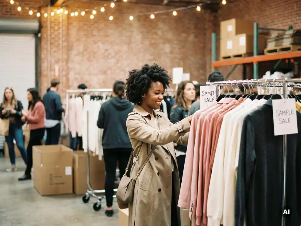 Vrouw bekijkt kleurrijk rek met afgeprijsde designerkleding op een drukke indoor sample sale in een sfeervolle warehouseruimte.