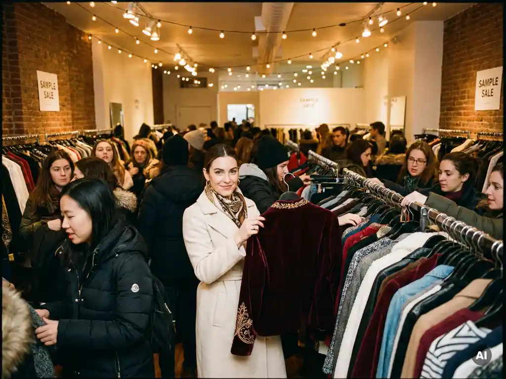 Vrouw houdt designerstuk omhoog bij drukke sample sale, omringd door shoppers langs volle kledingrekken in warm gouden licht.