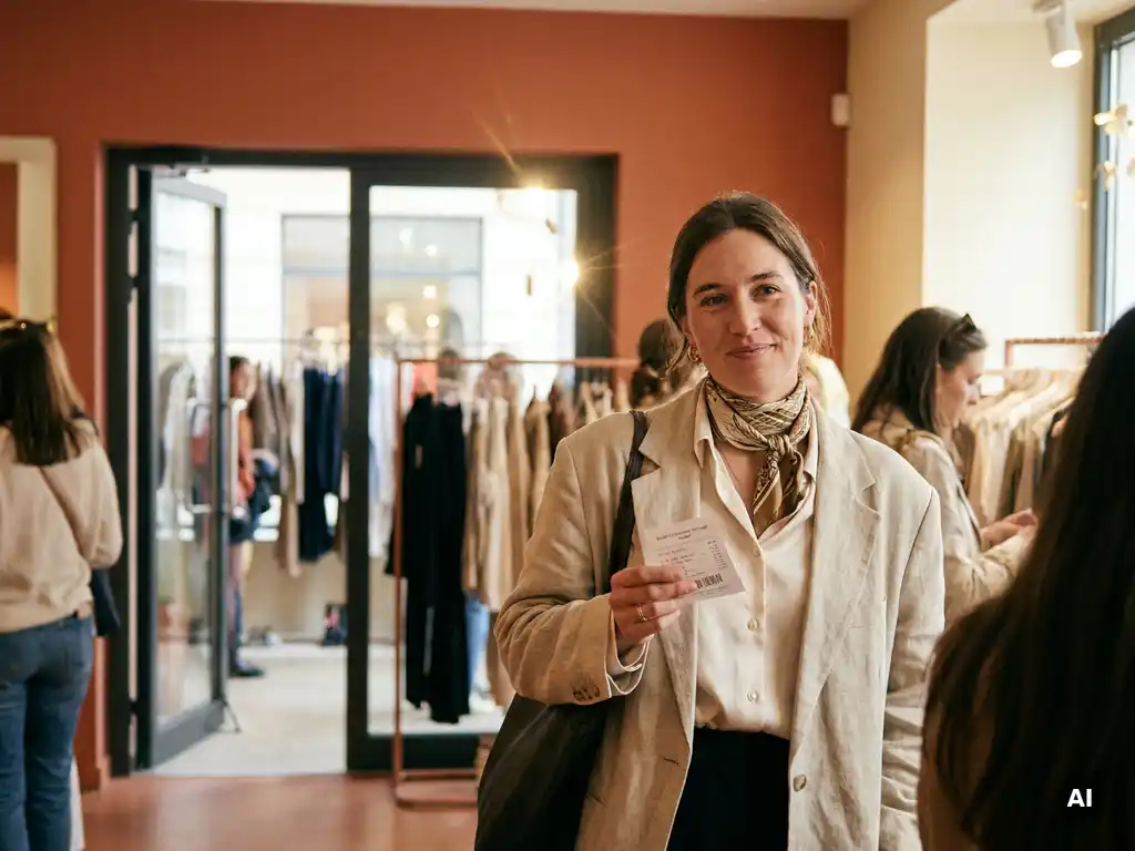 Stijlvol geklede vrouw met toegangsticket voor ingang van drukke sample sale, kledingrekken zichtbaar door glazen deuren.