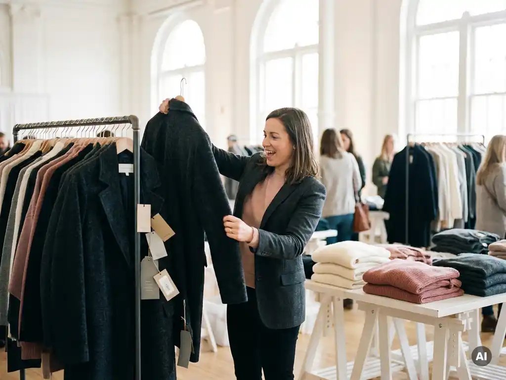 Shopper haalt kledingstuk van drukke rek tijdens modemarkt, met designer items op witte tafels in lichte ruimte.