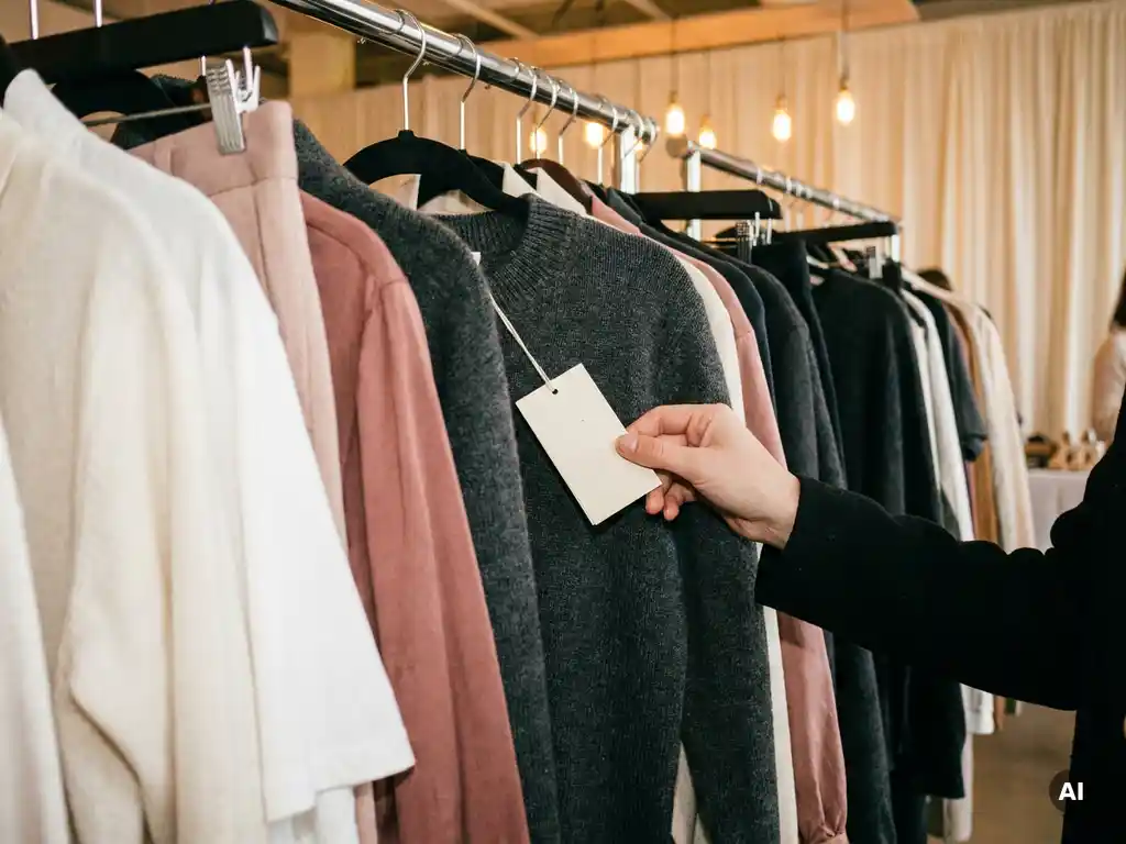 Hand die een kledingLabel bekijkt op een vol kledingrek tijdens een modebeurs, warme roze en antraciet tinten op de achtergrond.