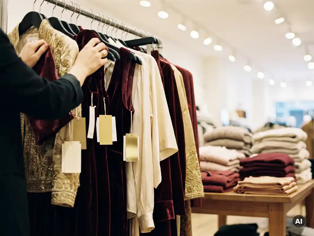 Handen die door een volle kledingrek met designerkleding bladeren, zichtbare prijskaartjes, gevouwen kledingstukken op tafel op de achtergrond.