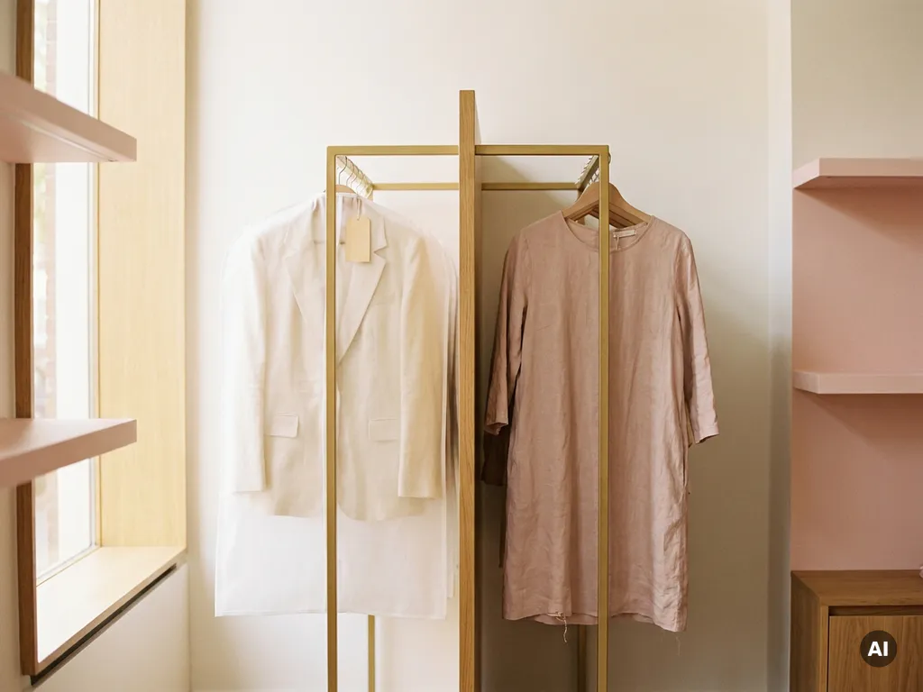 Kledingrek in Nederlandse boetiek met een ingepakt kledingstuk op volle prijs naast een onverpakt sample, warm wit interieur met eiken accenten.