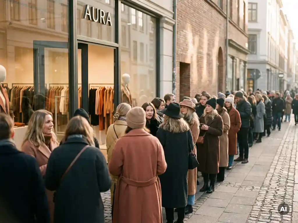 Lange rij shoppers voor een glazen modeboetiek bij zonsopgang, warme gouden ochtendlichten en kledingrekken zichtbaar door het etalageraam.
