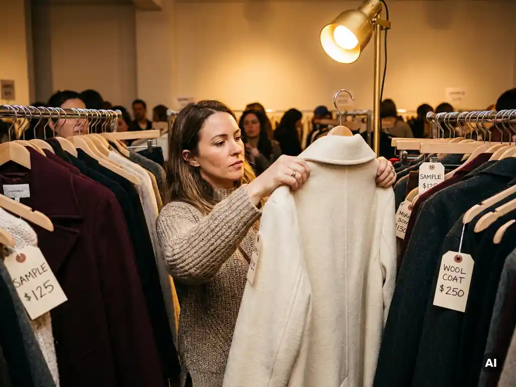 Shopper inspecteert premium wollen jas bij fel licht tijdens drukke sample sale, omringd door volle kledingrekken met prijskaartjes.