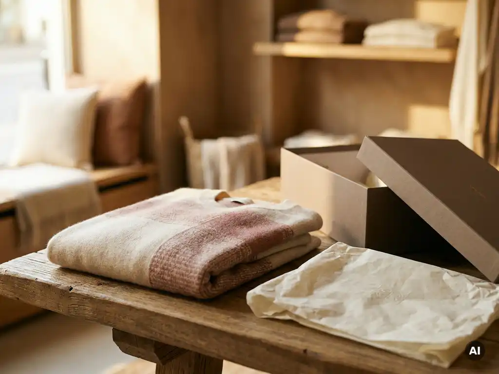 Gevouwen designerkleding op een houten tafel naast verfrommeld tissuepapier en een lege schoenendoos in warm boetieклicht.
