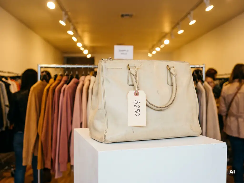 Licht gebruikte designer leren handtas op witte displaytafel tijdens sample sale, met handgeschreven prijskaartje en zachte spotverlichting.