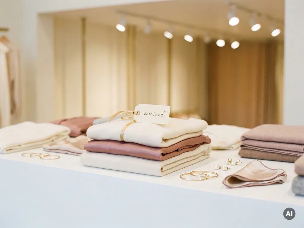 Gevouwen stapel designerkleding op wit display tafel met elegant "gereserveerd" label, modeaccessoires en warme boutiquebelichting.