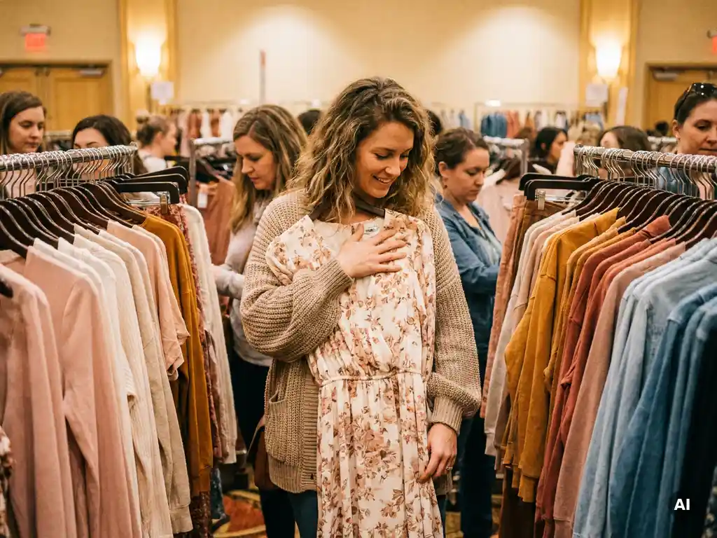 Vrouw houdt een bloemenjurk tegen haar lichaam bij een drukke sample sale, omringd door kleurrijke kledingrekken in warm gouden licht.