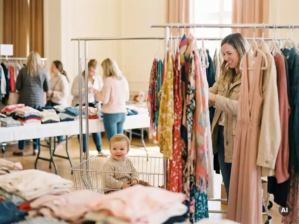 Klein kind zit vrolijk in een lege kledingrek, omringd door kleurrijke kledingstukken, terwijl moeder glimlachend vlakbij kleding bekijkt.