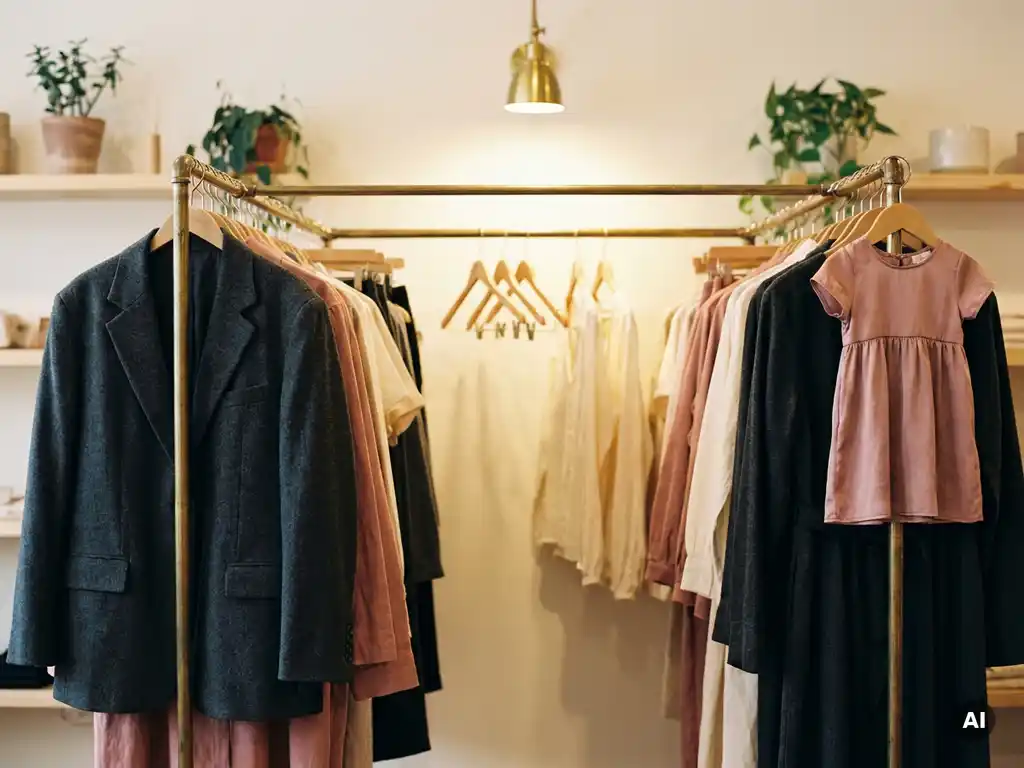 Volle kledingrek in boetiek met opvallende oversized blazer en extra-small jurk aan uiteinden, schaarse maten in het midden.