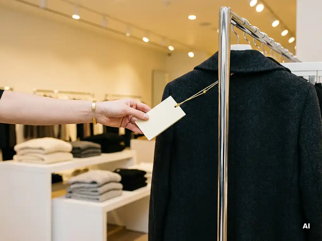 Prijskaartje aan premium kledingstuk op chromen rek, shopper reikt ernaar in stijlvolle boetiek met gouden verlichting.