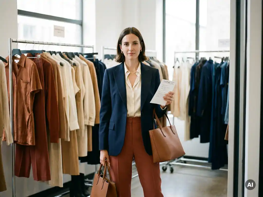 Stijlvolle vrouw met boodschappenlijst en tote bag bij ingang van modeverkoopevenement, kledingrekken op de achtergrond.