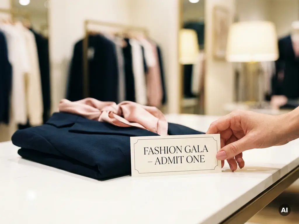 Modeticket op wit oppervlak naast gevouwen designerkleding, hand met verzorgde nagels reikt ernaar in warm boetiekl­icht.
